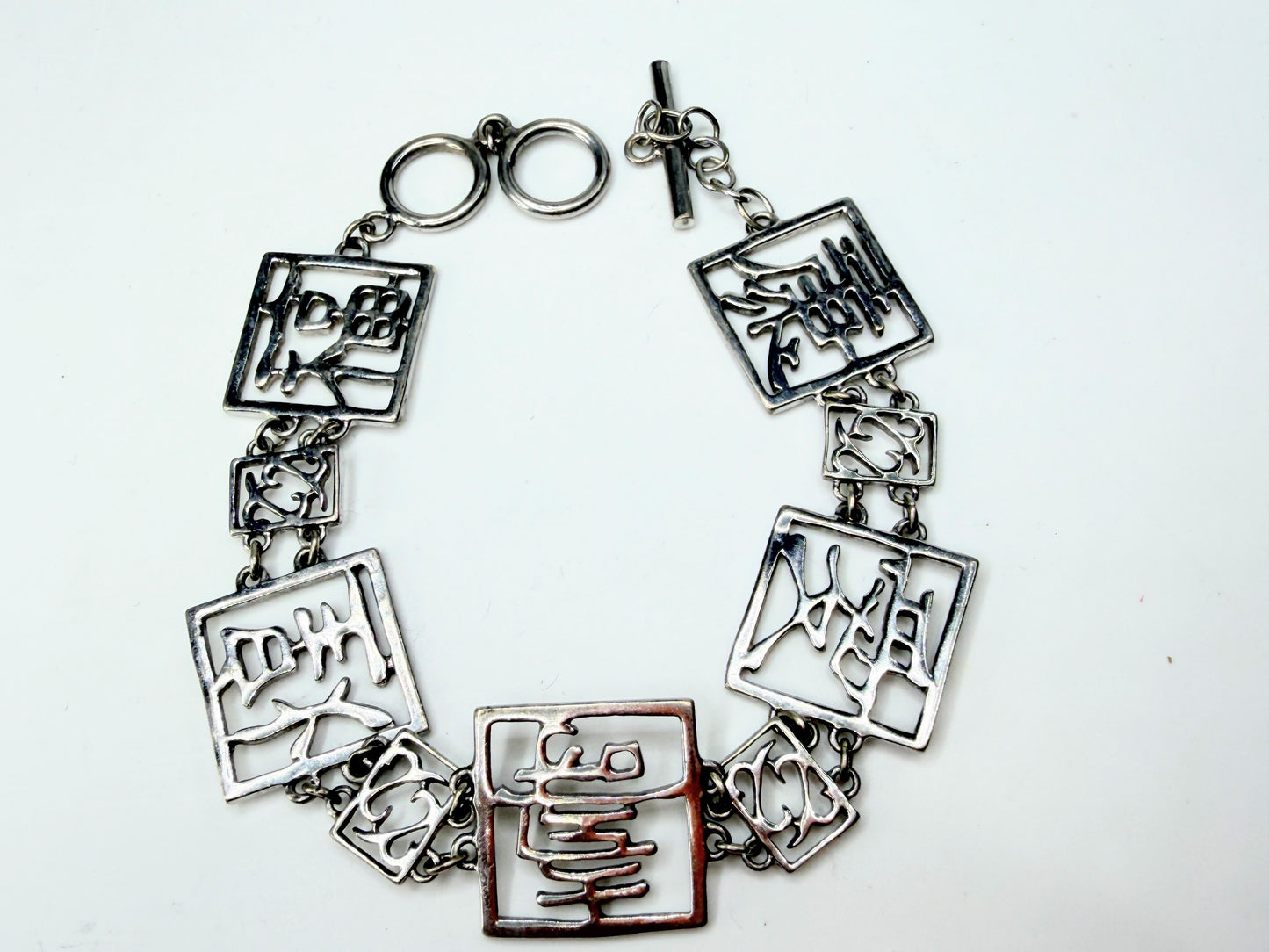 Sterling Silver Chinese Character Openwork Link Bracelet Toggle JR12870