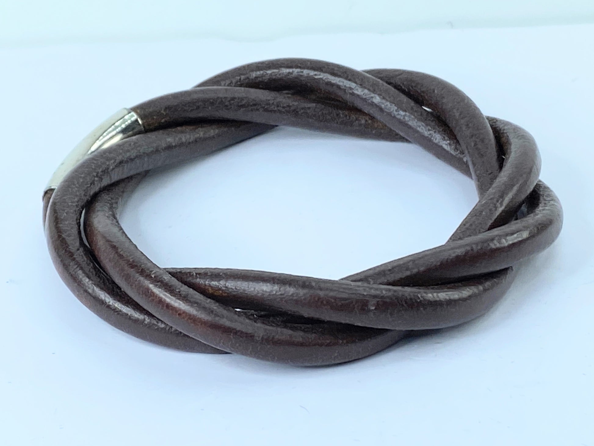 Hermès Tornado Breath 3 Cord Twist Brown Leather Unisex Bracelet 7.75" GS495