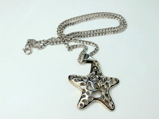 Vintage Sterling Silver Pierced Starfish Pendant Necklace Mid Century JR1286