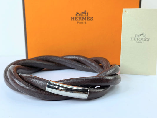 Hermès Tornado Breath 3 Cord Twist Brown Leather Unisex Bracelet 7.75" GS495