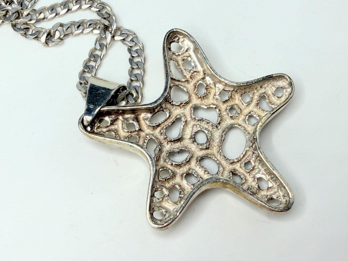 Vintage Sterling Silver Pierced Starfish Pendant Necklace Mid Century JR1286