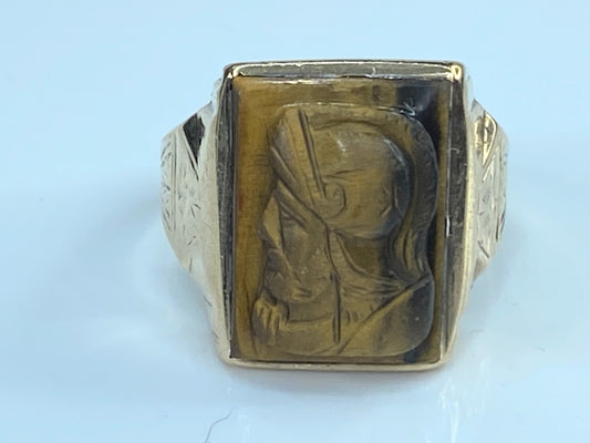 Men's 10K yellow gold relief etching Tiger eye man bust ring