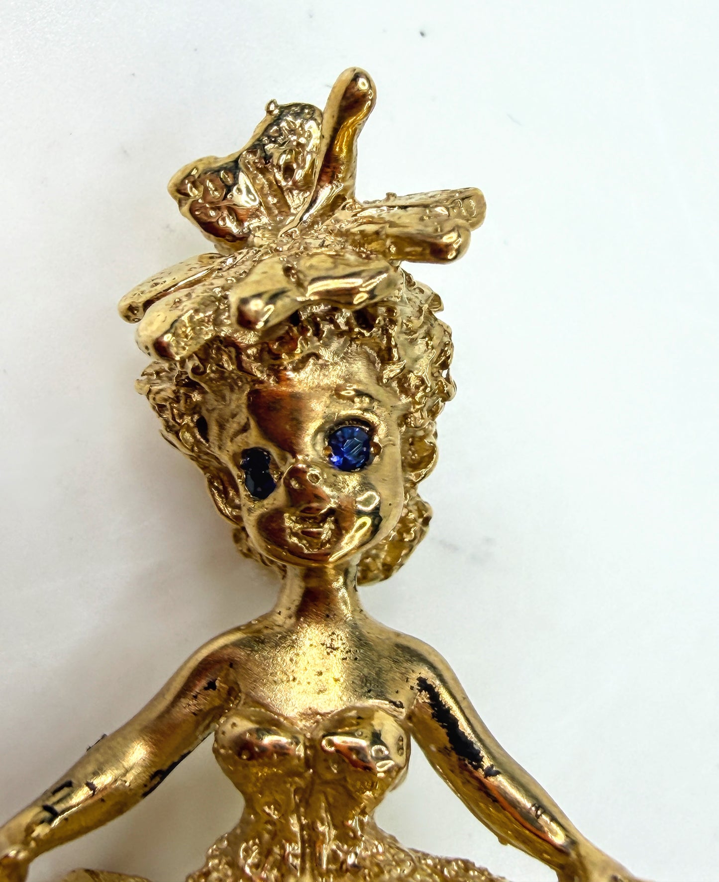 Vintage CYVRA 14K Gold Girl on Pearl Cloud Brooch Sapphire Eyes 10.2g JR1962