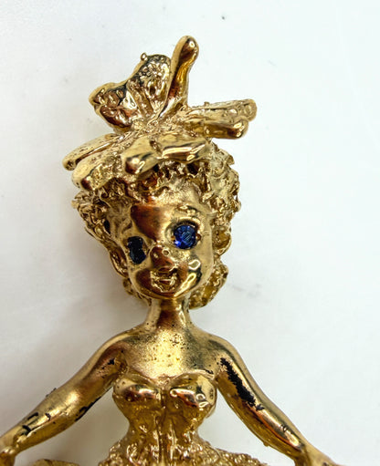 Vintage CYVRA 14K Gold Girl on Pearl Cloud Brooch Sapphire Eyes 10.2g JR1962