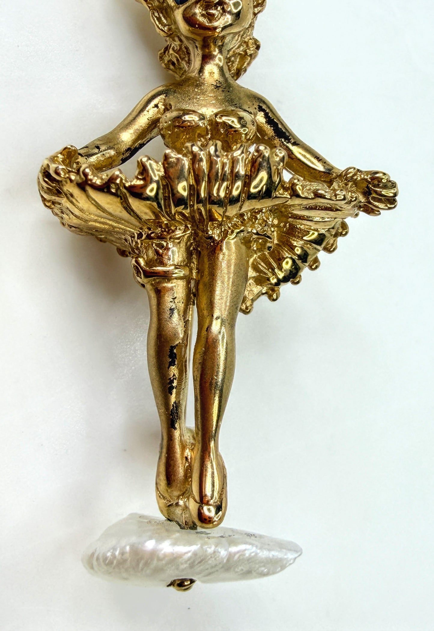 Vintage CYVRA 14K Gold Girl on Pearl Cloud Brooch Sapphire Eyes 10.2g JR1962