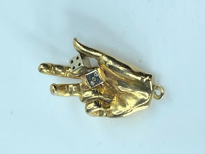 14K two tone gold dice on hand charm pendant 1 1/4" x 3/4" 11.4g JR192