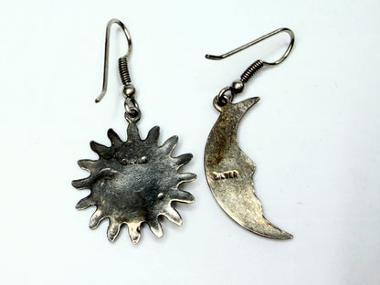 Vintage Sterling Silver Sun & Moon Asymmetric Drop Earrings 1 3/8” JR1289