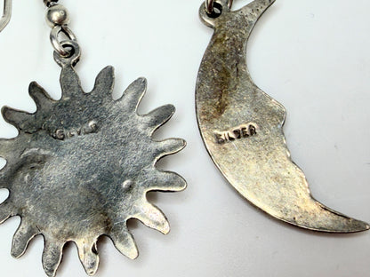 Vintage Sterling Silver Sun & Moon Asymmetric Drop Earrings 1 3/8” JR1289