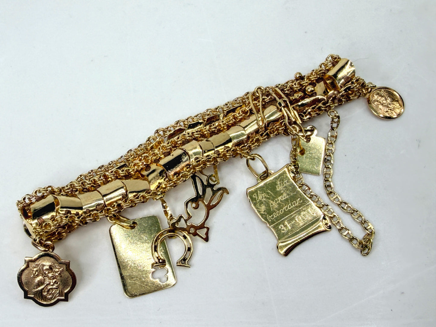 Vintage 14K Gold Charm Bracelet 8 Charms Playboy Diploma 7.25" JR1953