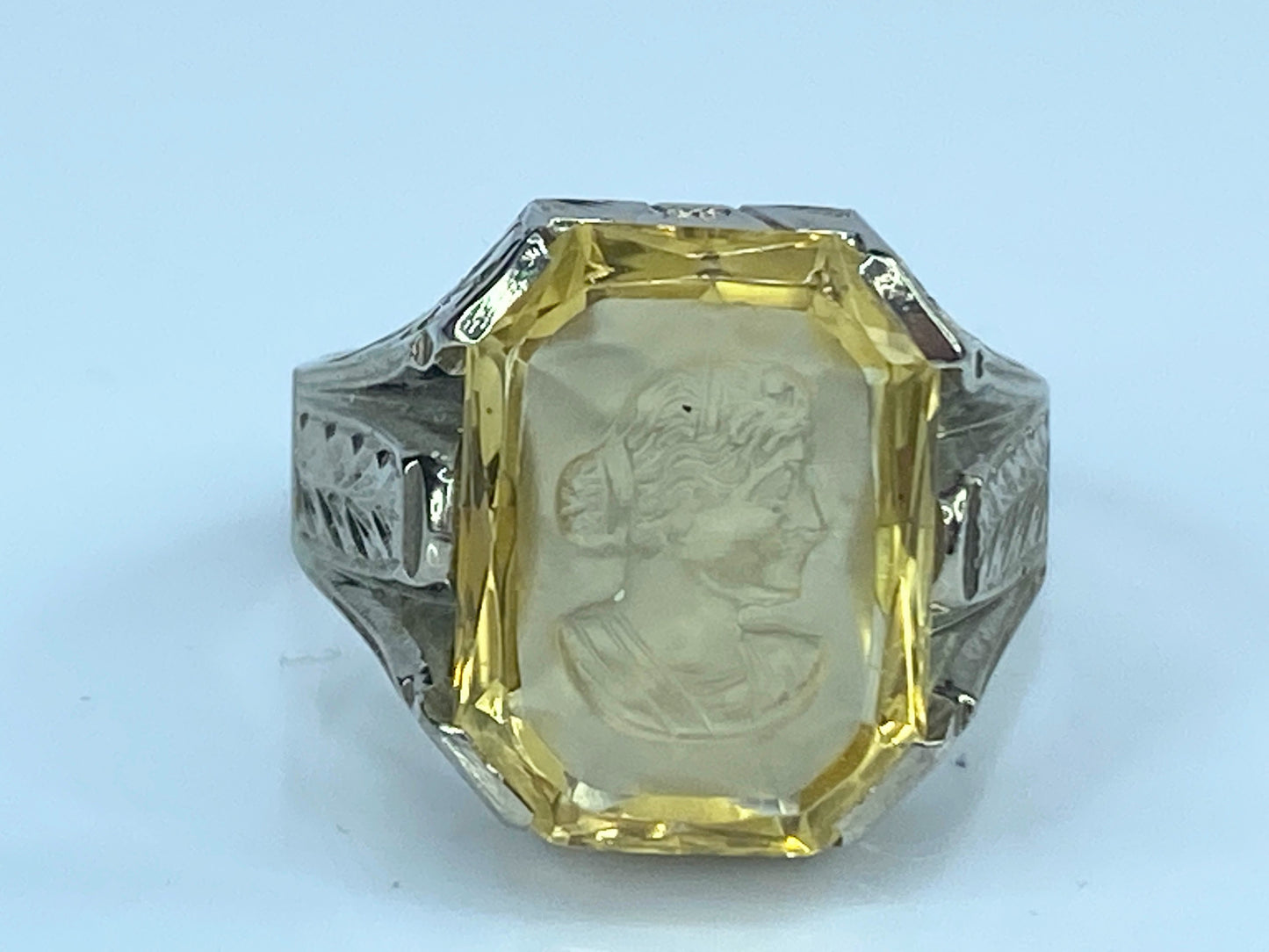 10k White Gold Men's yellow quartz Intaglio Greek bust ring