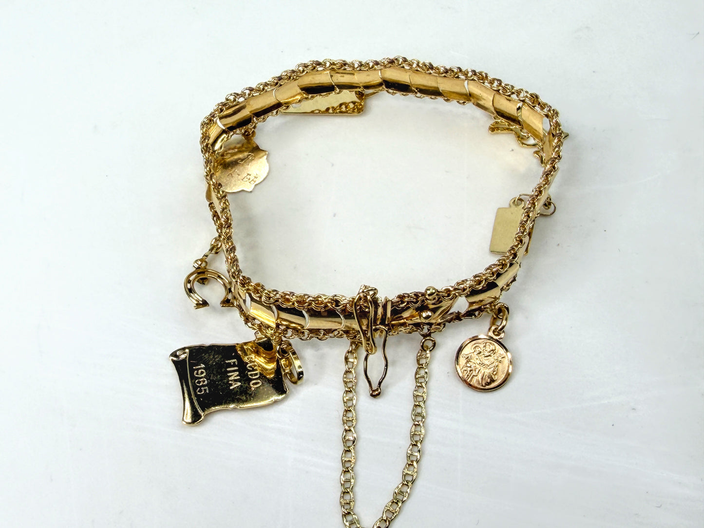 Vintage 14K Gold Charm Bracelet 8 Charms Playboy Diploma 7.25" JR1953