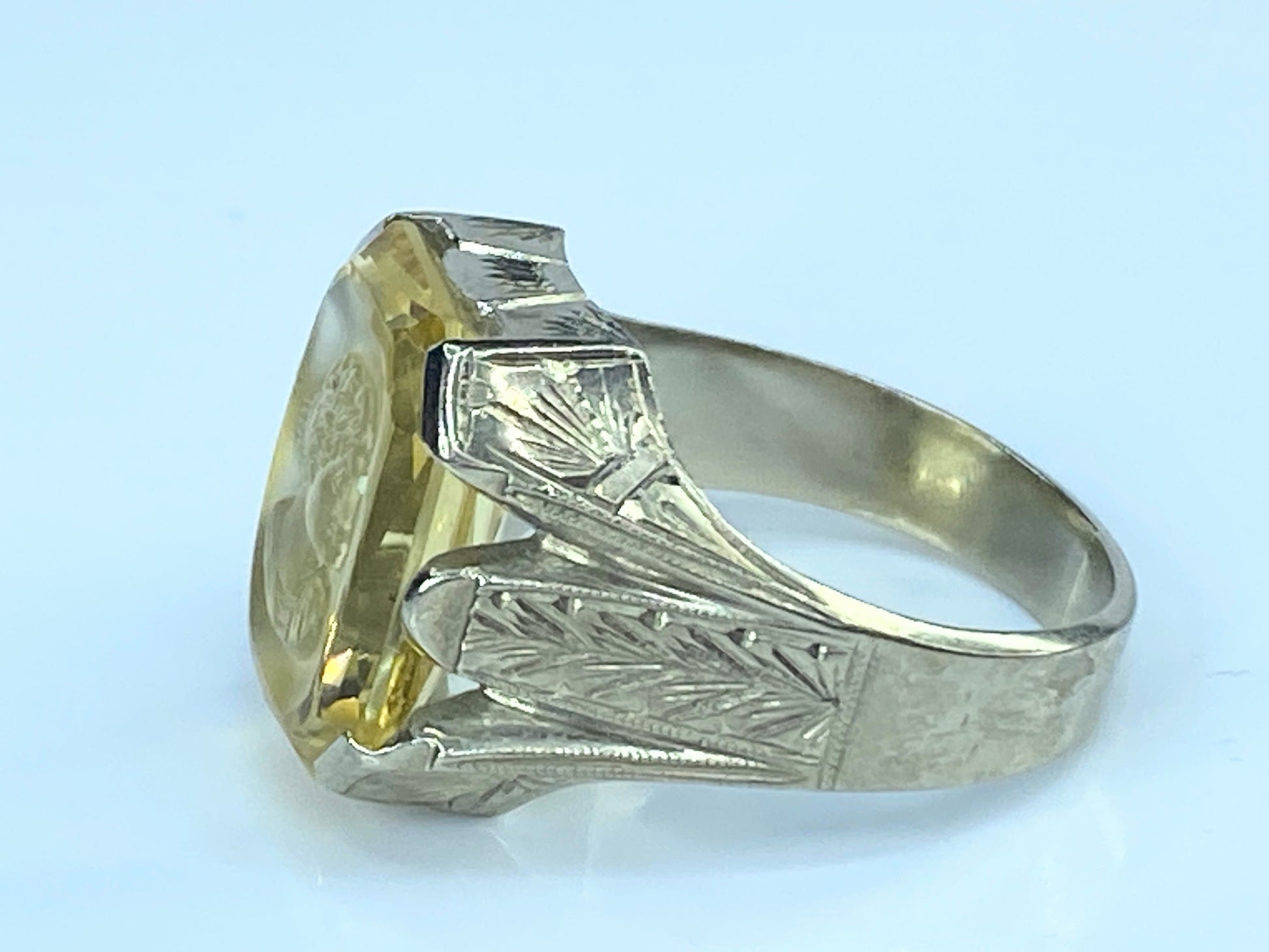 10k White Gold Men's yellow quartz Intaglio Greek bust ring