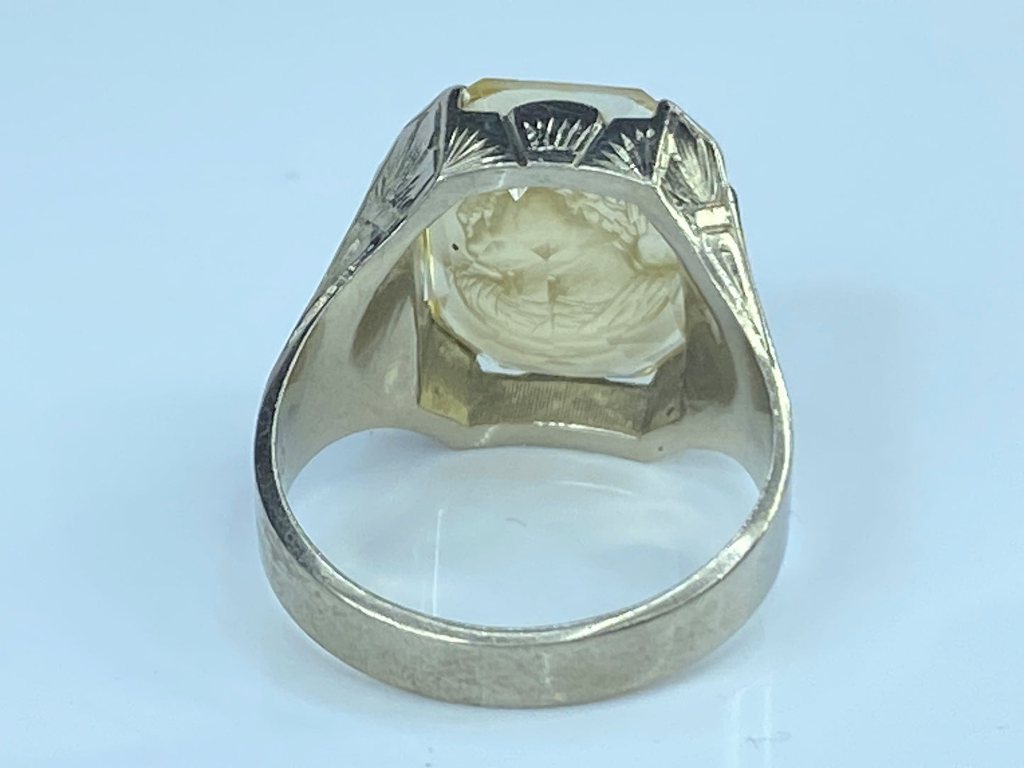 10k White Gold Men's yellow quartz Intaglio Greek bust ring