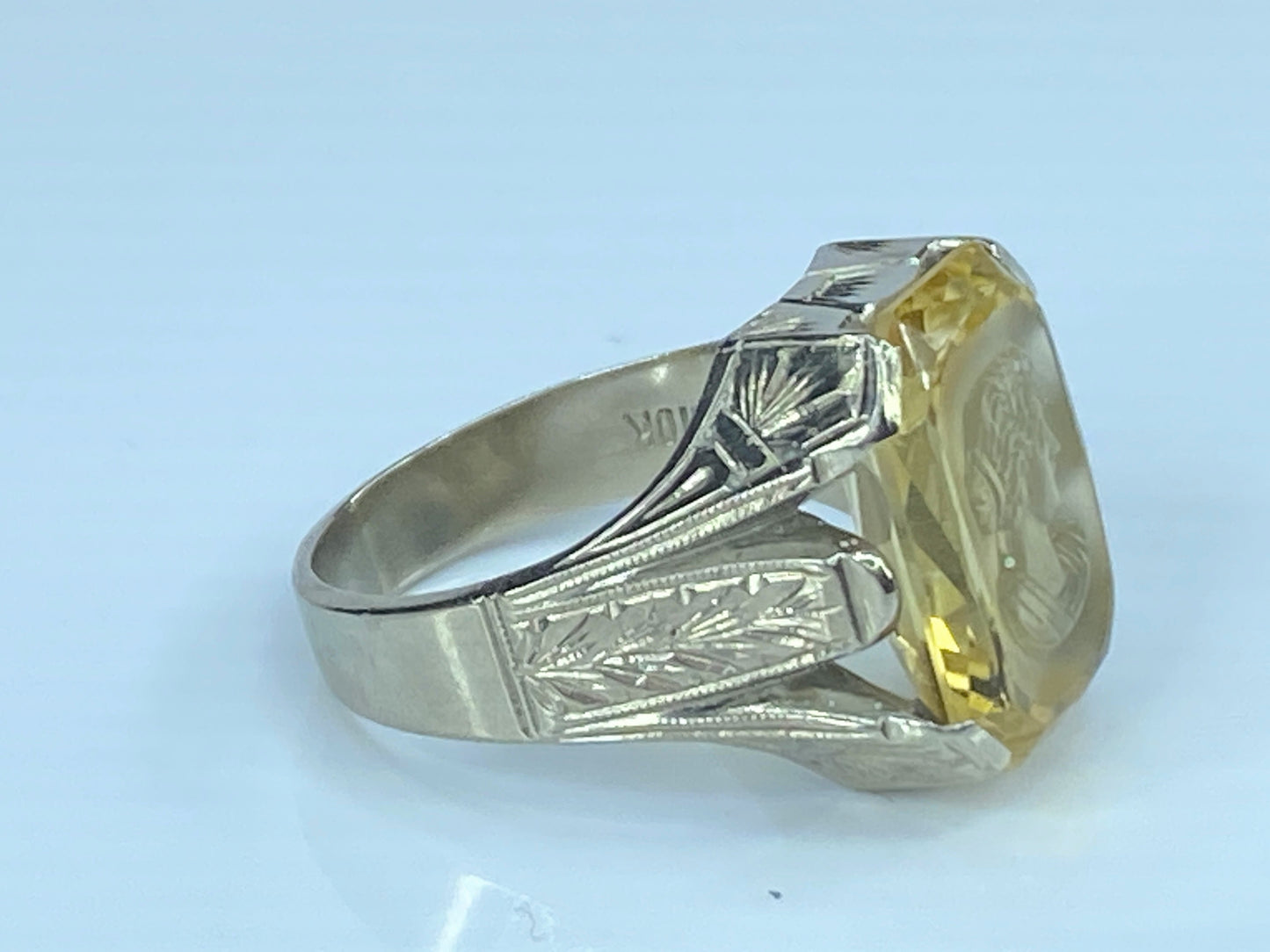 10k White Gold Men's yellow quartz Intaglio Greek bust ring