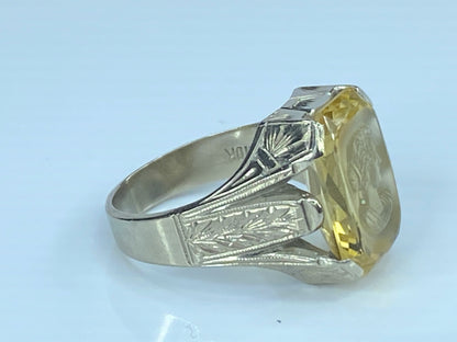 10k White Gold Men's yellow quartz Intaglio Greek bust ring