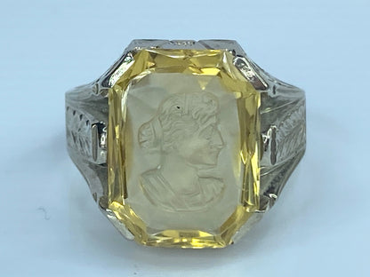 10k White Gold Men's yellow quartz Intaglio Greek bust ring