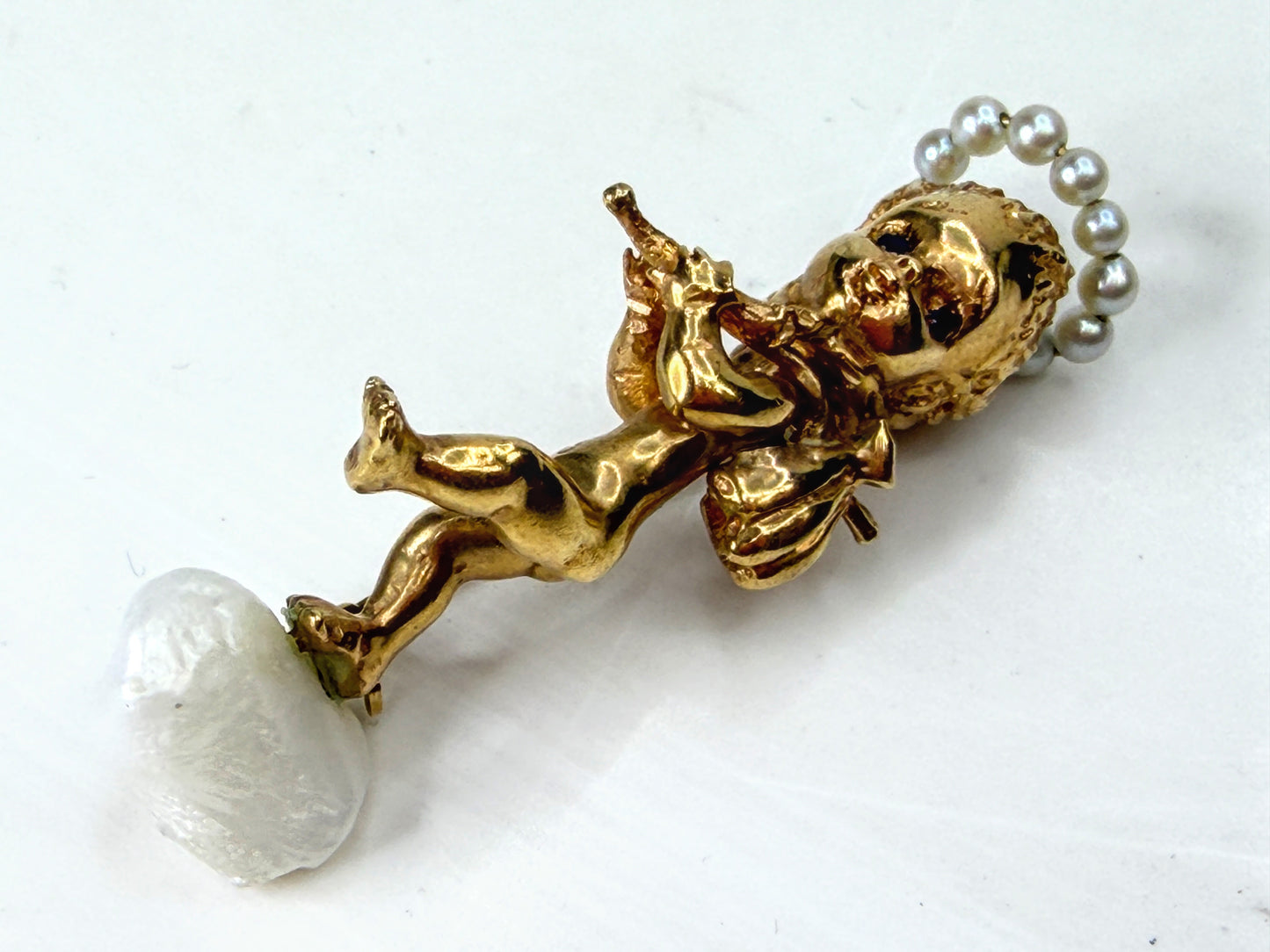 Vintage William Ruser 14K Gold Pearl "Sunday Child" Cherub Brooch JR1955