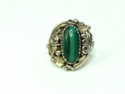 Vintage Sterling Silver Malachite Ring Ornate Handcrafted Setting s6.75 JR1292
