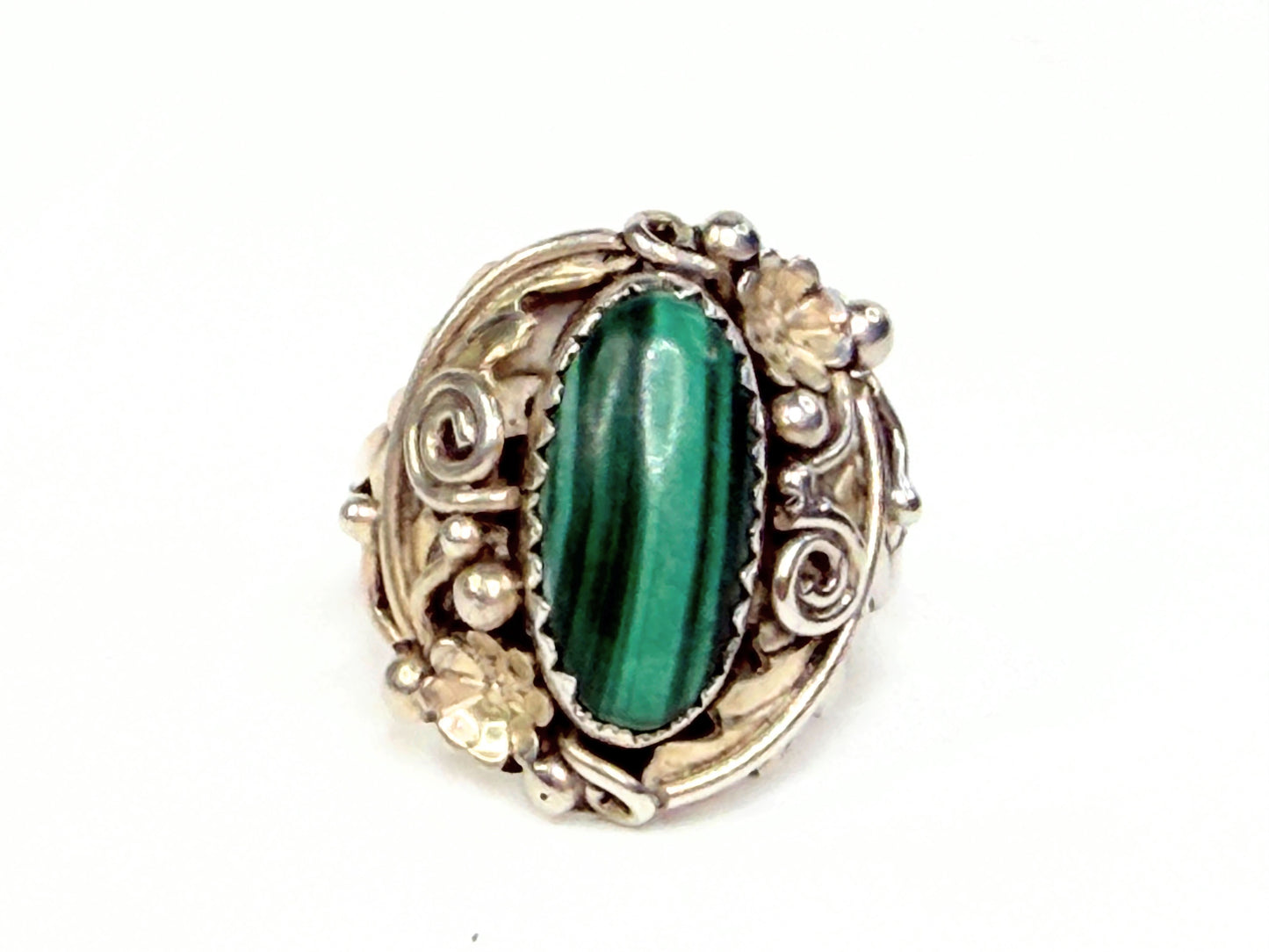 Vintage Sterling Silver Malachite Ring Ornate Handcrafted Setting s6.75 JR1292