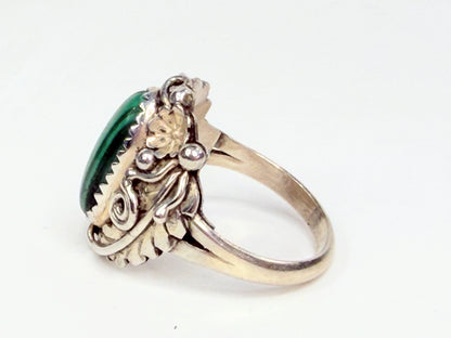 Vintage Sterling Silver Malachite Ring Ornate Handcrafted Setting s6.75 JR1292