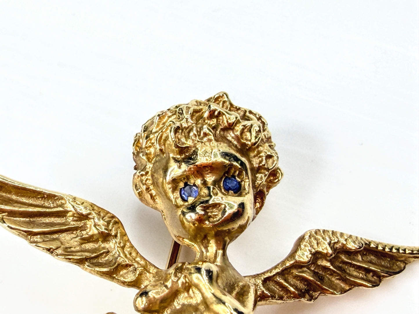 Vintage 14K Gold Cherub Angel Brooch Baroque Pearl Sapphire Eyes 13.2g JR1956