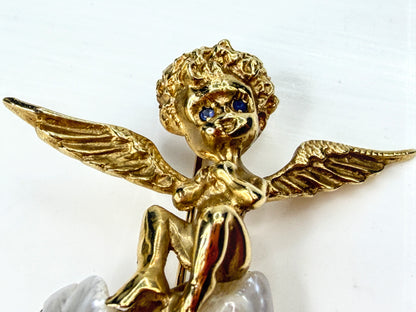 Vintage 14K Gold Cherub Angel Brooch Baroque Pearl Sapphire Eyes 13.2g JR1956