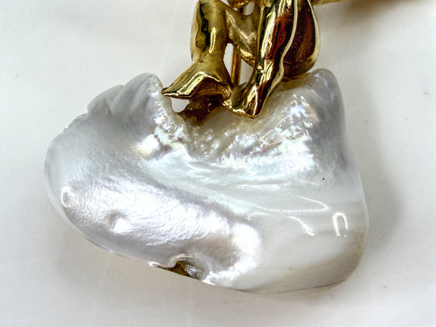 Vintage 14K Gold Cherub Angel Brooch Baroque Pearl Sapphire Eyes 13.2g JR1956