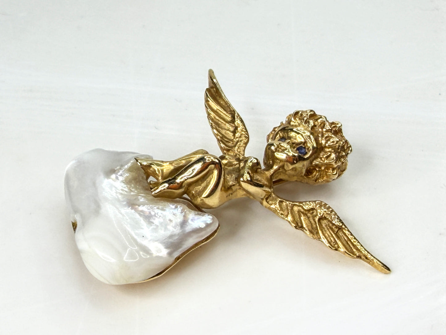 Vintage 14K Gold Cherub Angel Brooch Baroque Pearl Sapphire Eyes 13.2g JR1956