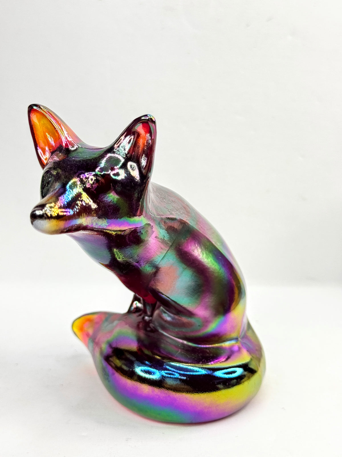 Vintage Fenton Amethyst Carnival Glass Fox Figurine Iridescent Rainbow A1213