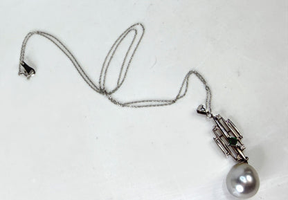 Vintage Platinum 12.7mm Cultured Pearl Emerald Diamond Pendant Necklace JR1957