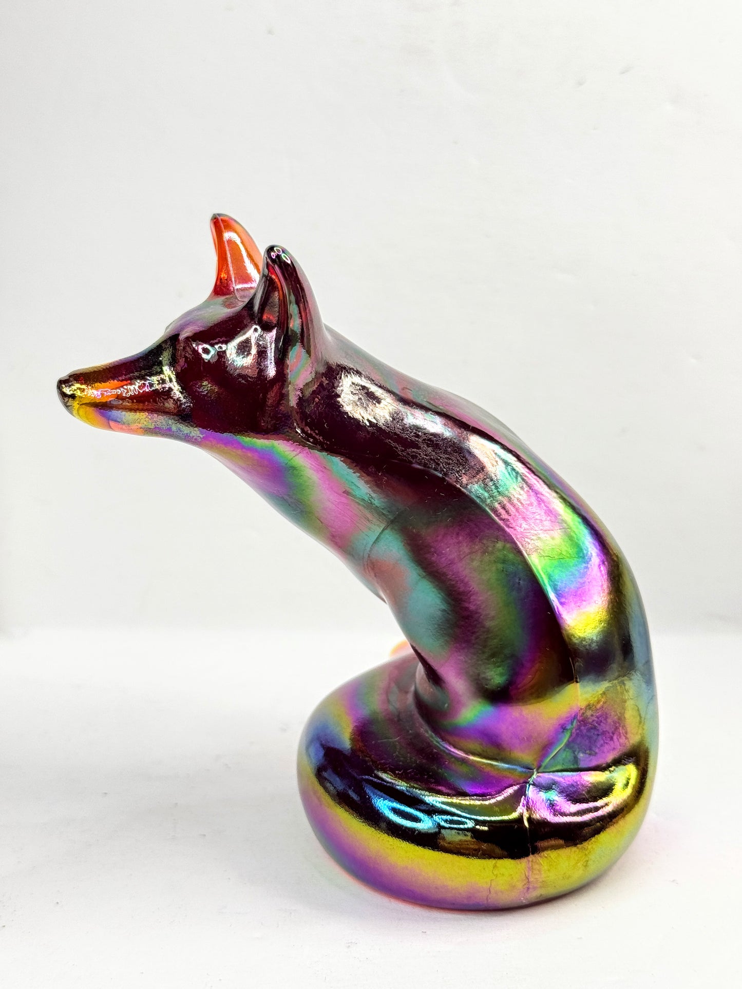 Vintage Fenton Amethyst Carnival Glass Fox Figurine Iridescent Rainbow A1213