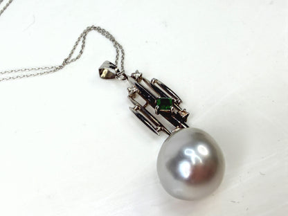 Vintage Platinum 12.7mm Cultured Pearl Emerald Diamond Pendant Necklace JR1957