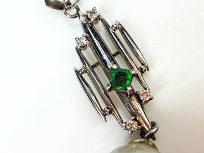 Vintage Platinum 12.7mm Cultured Pearl Emerald Diamond Pendant Necklace JR1957