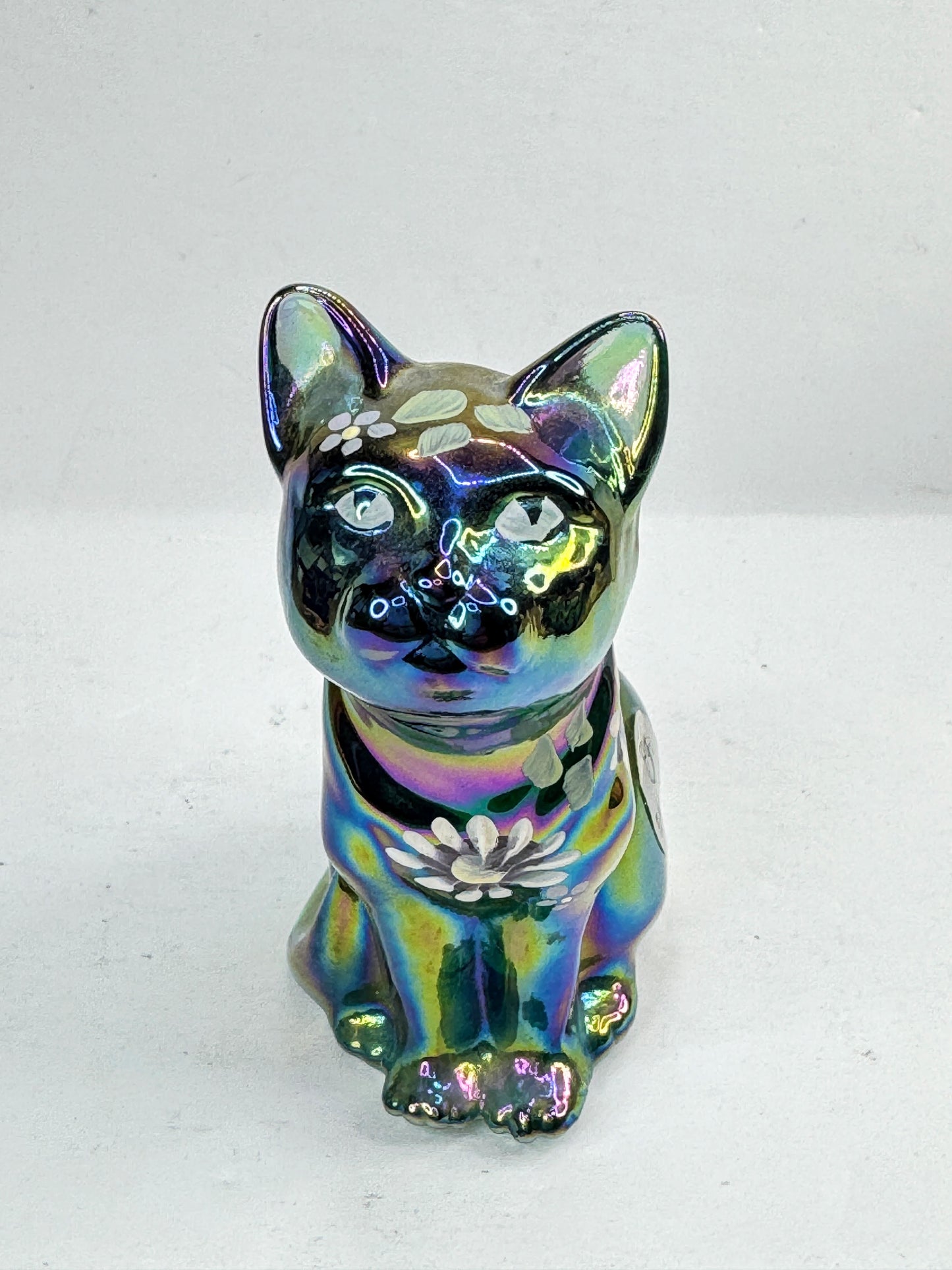 Vintage Fenton Green Carnival Iridescent Hand Painted Floral Glass Cat A1214