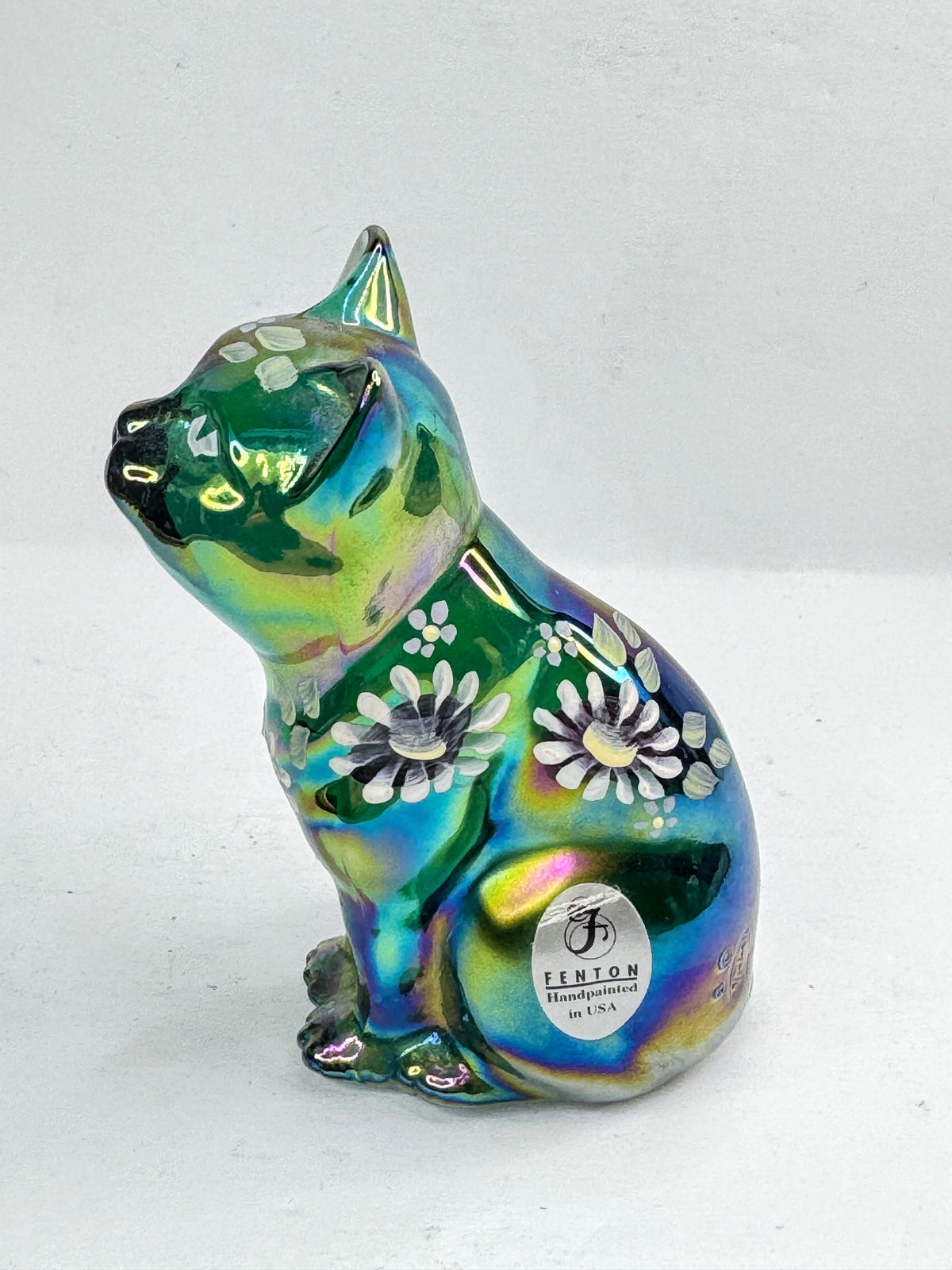 Vintage Fenton Green Carnival Iridescent Hand Painted Floral Glass Cat A1214
