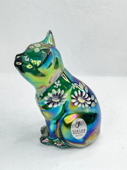 Vintage Fenton Green Carnival Iridescent Hand Painted Floral Glass Cat A1214