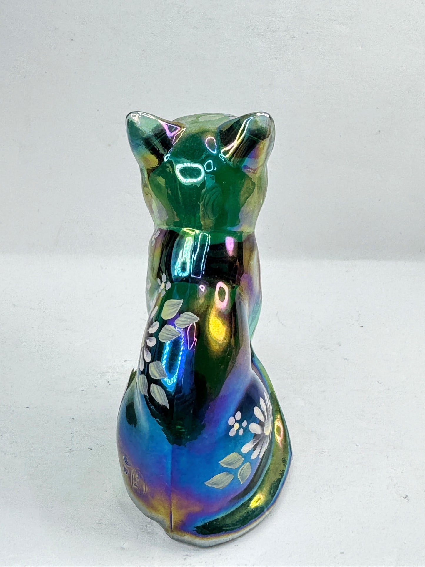 Vintage Fenton Green Carnival Iridescent Hand Painted Floral Glass Cat A1214