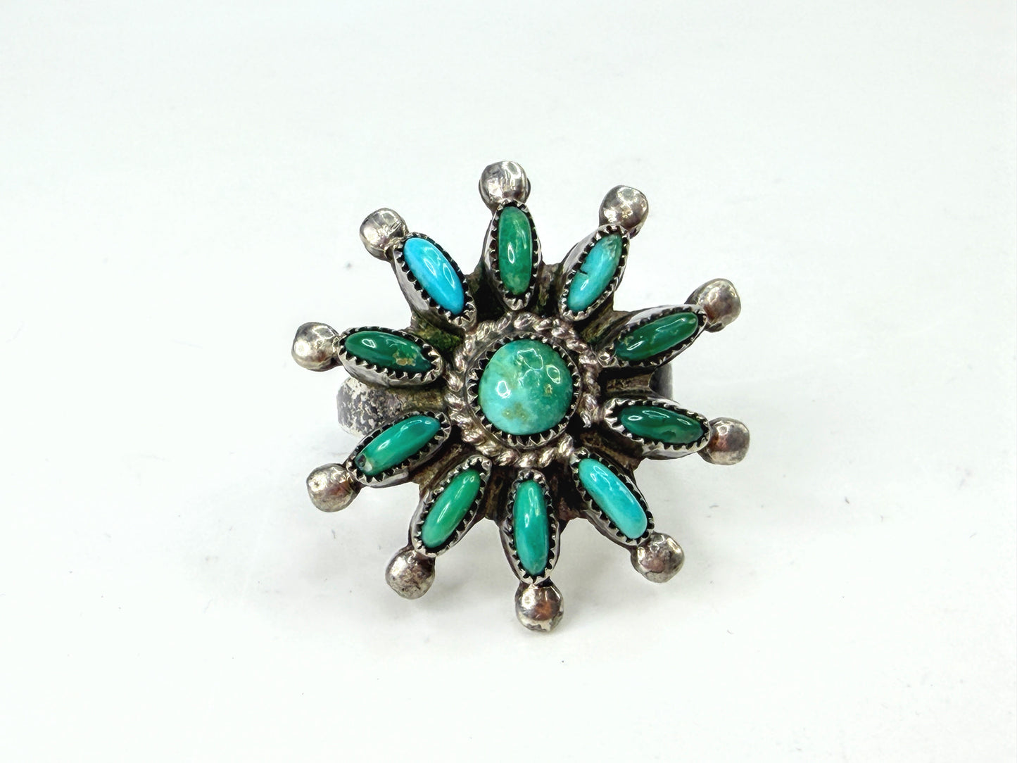 Vintage Zuni Sterling Silver Turquoise Cluster Sunburst Ring Size 6.5 JR1958