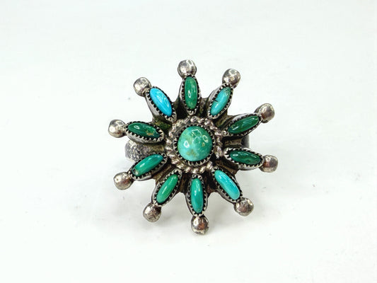 Vintage Zuni Sterling Silver Turquoise Cluster Sunburst Ring Size 6.5 JR1958