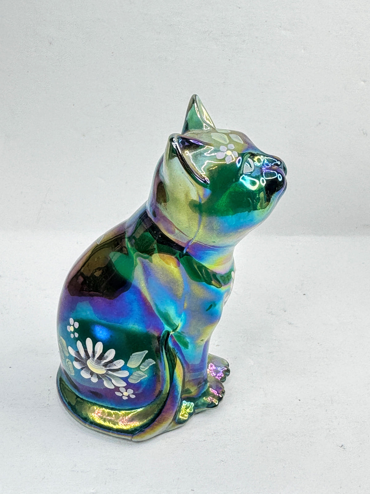 Vintage Fenton Green Carnival Iridescent Hand Painted Floral Glass Cat A1214