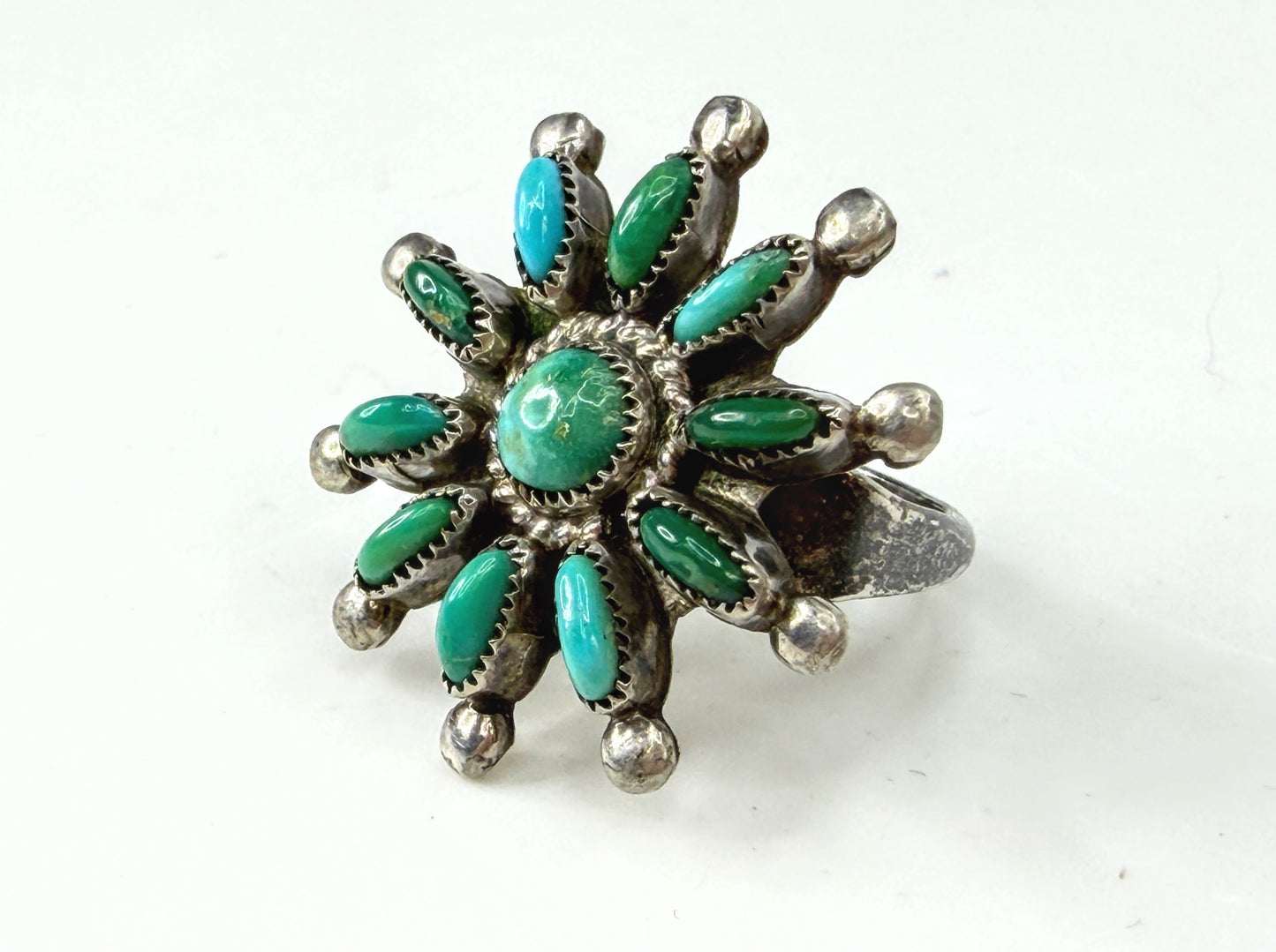 Vintage Zuni Sterling Silver Turquoise Cluster Sunburst Ring Size 6.5 JR1958