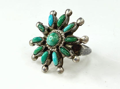Vintage Zuni Sterling Silver Turquoise Cluster Sunburst Ring Size 6.5 JR1958