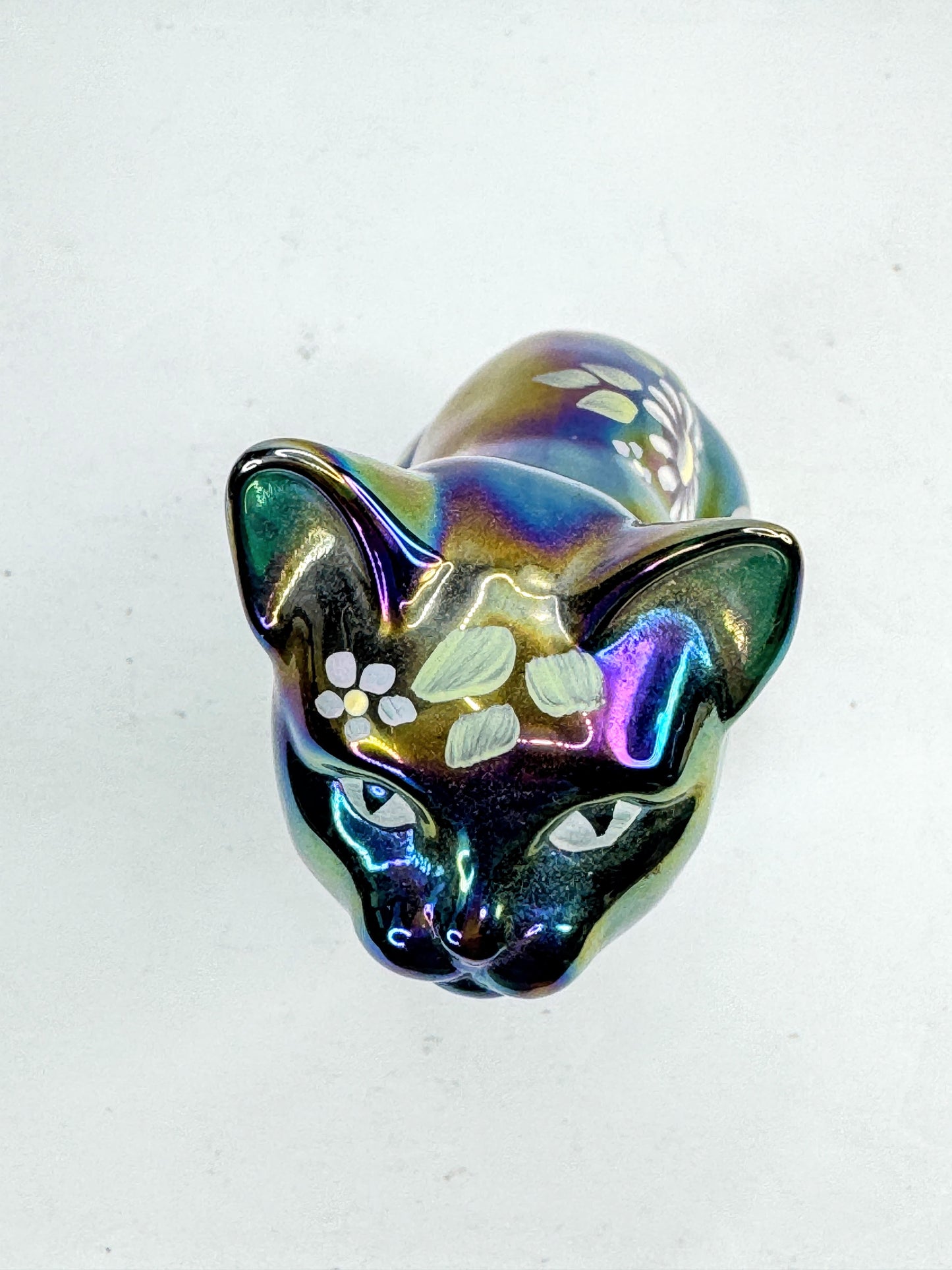 Vintage Fenton Green Carnival Iridescent Hand Painted Floral Glass Cat A1214