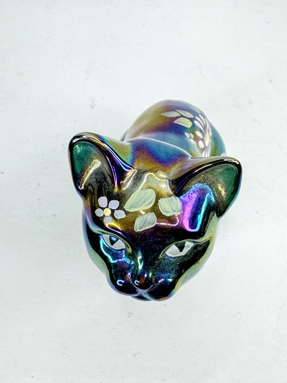 Vintage Fenton Green Carnival Iridescent Hand Painted Floral Glass Cat A1214