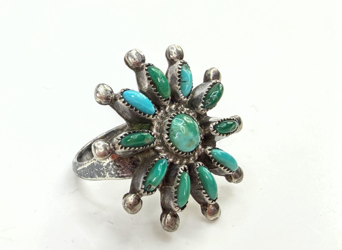 Vintage Zuni Sterling Silver Turquoise Cluster Sunburst Ring Size 6.5 JR1958