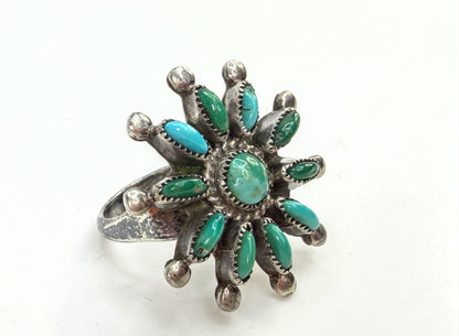 Vintage Zuni Sterling Silver Turquoise Cluster Sunburst Ring Size 6.5 JR1958