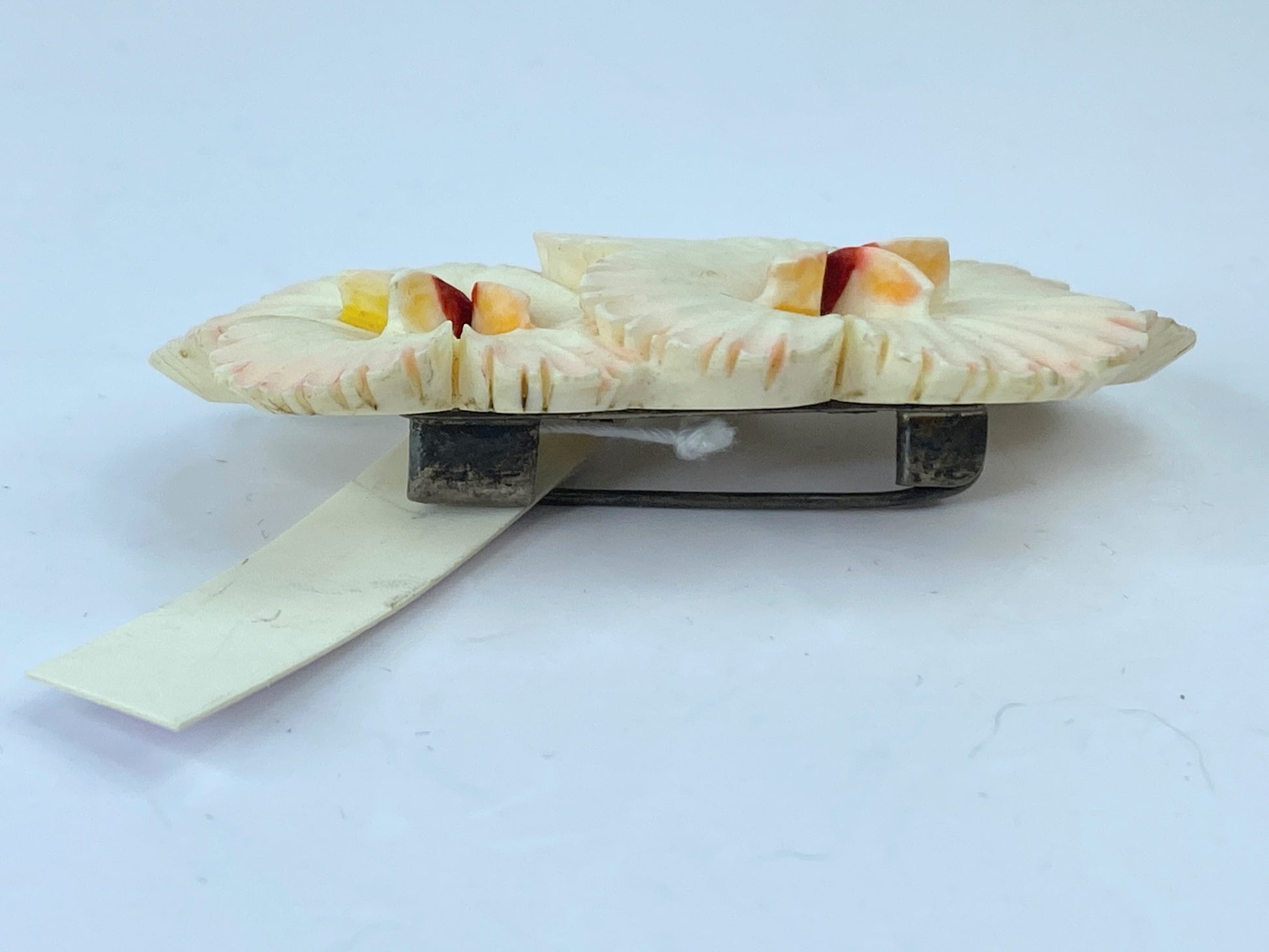 Art Deco hand carved Resin polychrome Hibiscus Floral sterling brooch JR670