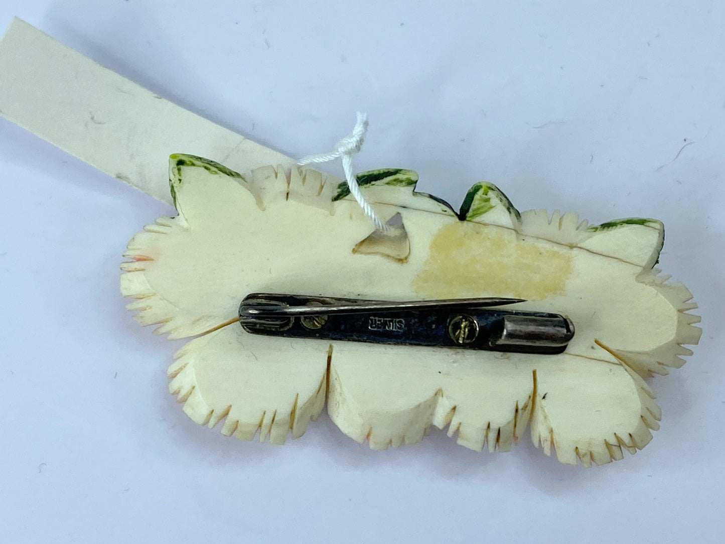 Art Deco hand carved Resin polychrome Hibiscus Floral sterling brooch JR670