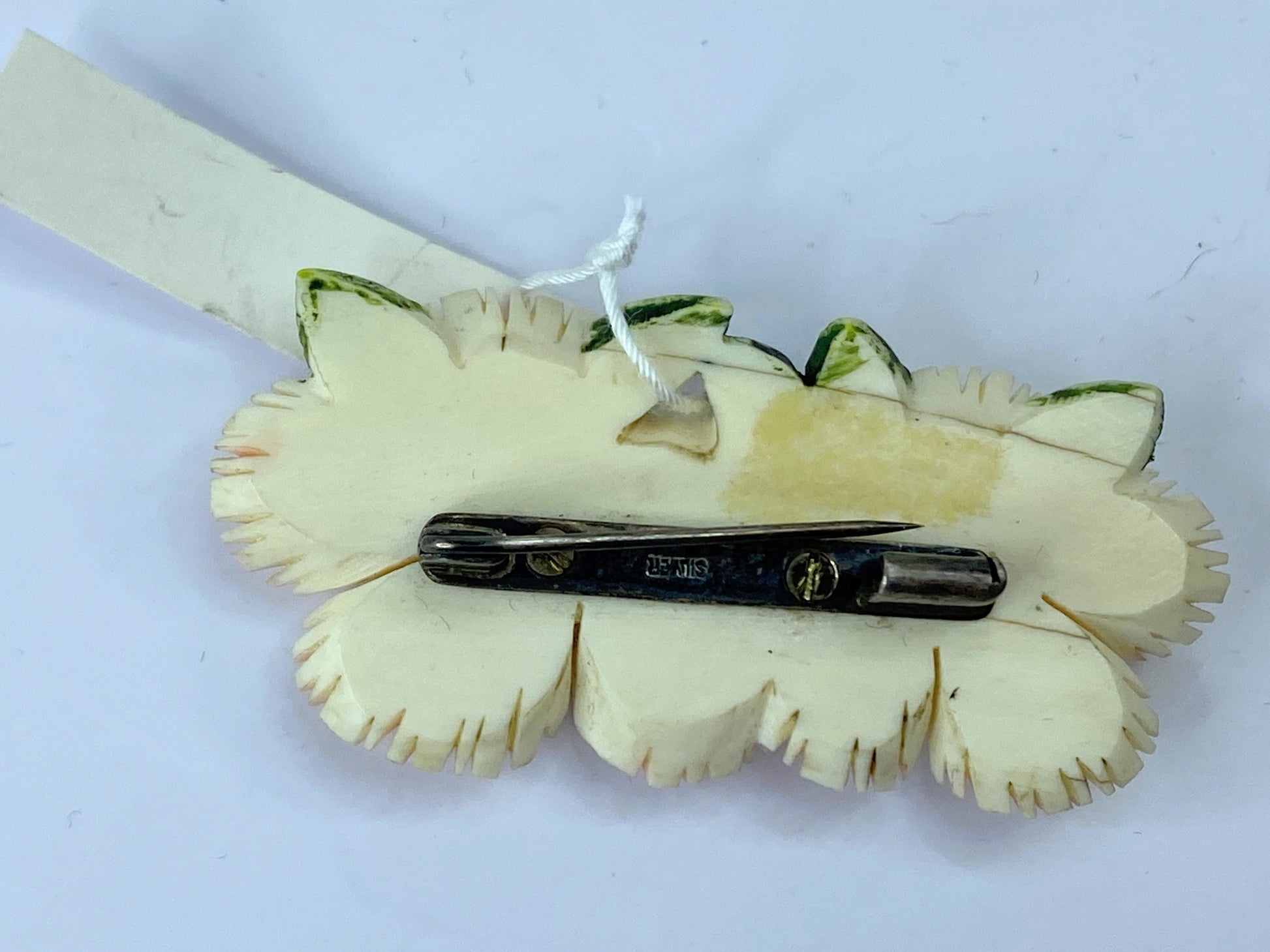 Art Deco hand carved Resin polychrome Hibiscus Floral sterling brooch JR670