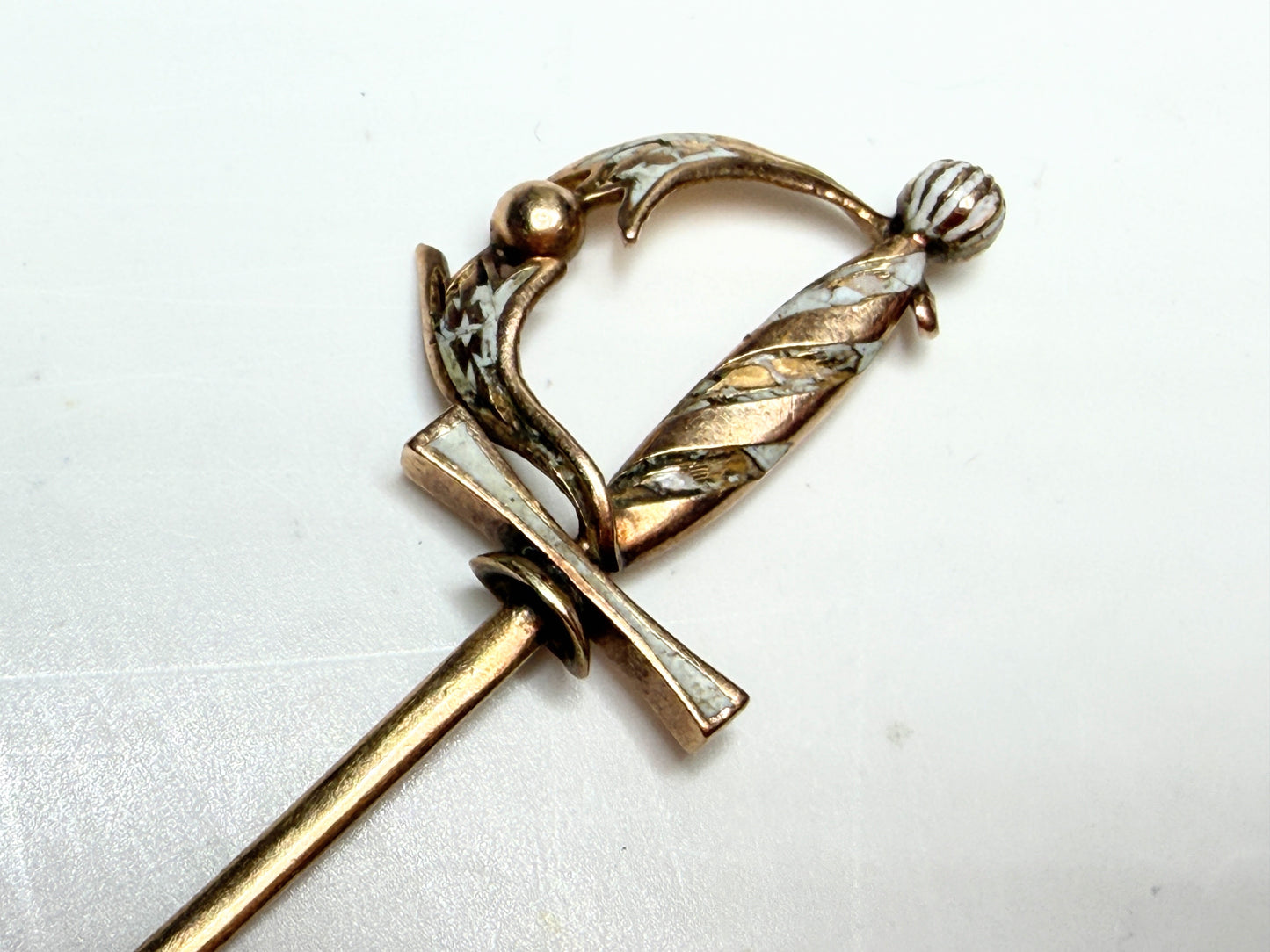 Art Deco 14K Gold Stick Pin White Enamel Sword Motif 2 7/8" 2.0g JR1190